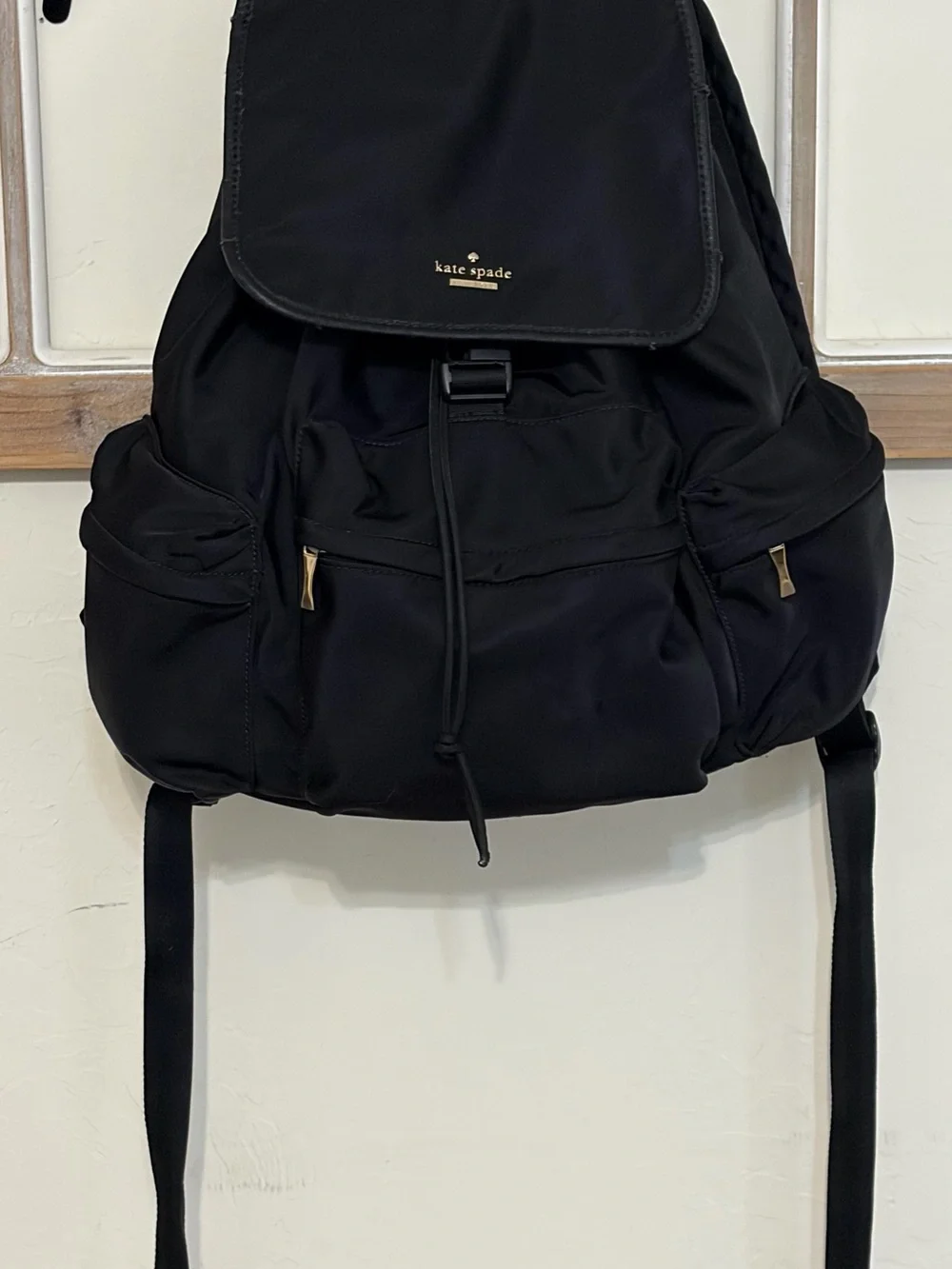 kate spade Black Nylon Drawstring Backpack with Gold Accents
